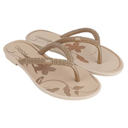 Rasteira Feminina Grendha Cacau Boho - 18592 - Bronze Claro/off White - Atacado