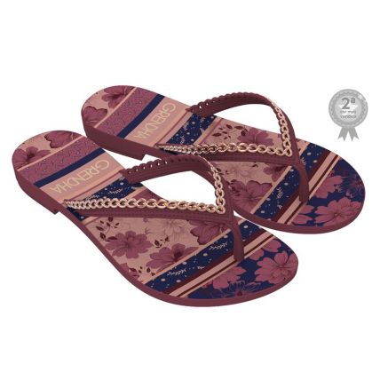 Rasteira Feminina Grendha Mais Acai Plural - 18602 - Vermelho Cereja Escuro Floral Azul - Atacado