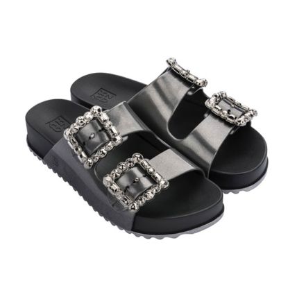 Chinelo Slide Feminino Zaxy Glam Partner - 18605 - Prata Escuro/preto - Atacado