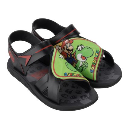 Sandália Infantil Super Mario World - 23013 - Preto/Vermelho/Verde - Atacado