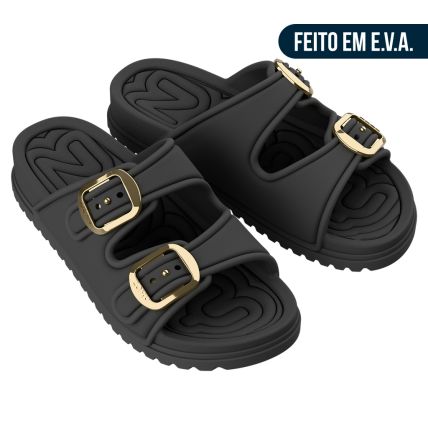 Chinelo Slide Feminino Zaxy Partner Air - 19416 - Preto/ouro - Atacado